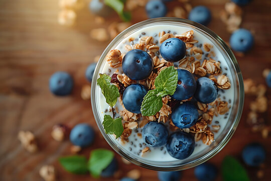 A healthy breakfast parfait in a clear glass jar, featuring layers of creamy white chia seed pudding on the bottom and crunchy golden granola flakes in the middle.
