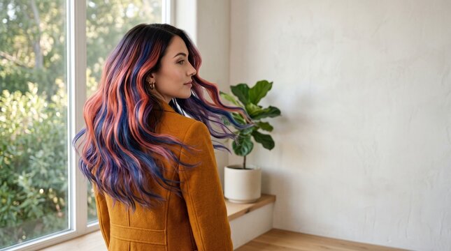 Confident client reveals glossy coral and violet multitone hair