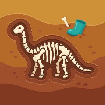 Cute cartoon illustration of a dinosaur skeleton fossil buried underground in soil
