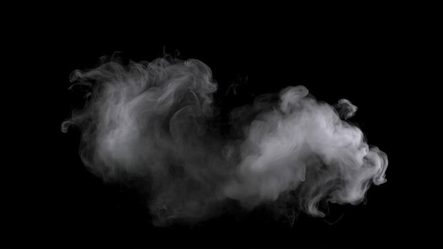 Dense white and gray smoke clouds swirling and expanding across a pure black background, dramatic atmospheric vapor effect for cinematic overlays and visual effects