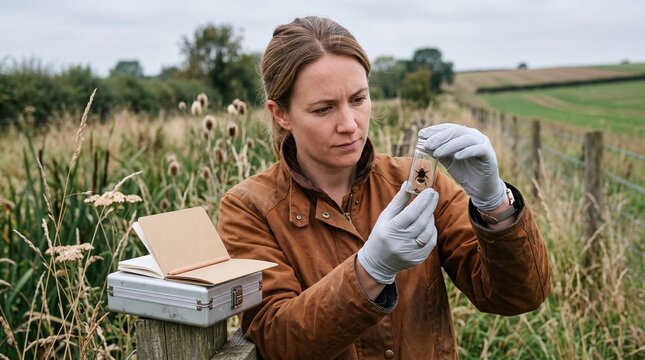 Field ecologist documents a native bee during crop survey