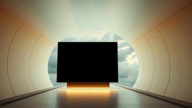 Minimalist tunnel leads toward dark rectangle. Light emanates from opening, illuminating floor. Dramatic composition, modern aesthetic.