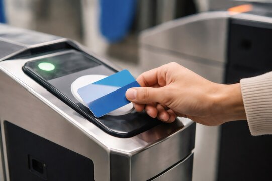 Person tapping a contactless card on a subway turnstile validator, enabling quick, secure fare payment and seamless access for daily urban commutes and public transit travel