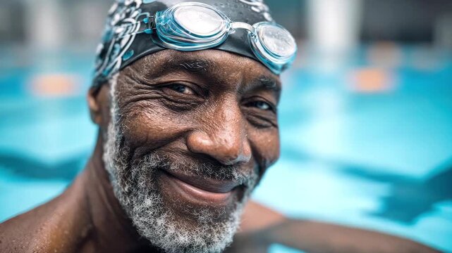 Smiling elderly African American man with swimming goggles swimming in the pool. The concept of active longevity and a healthy lifestyle
