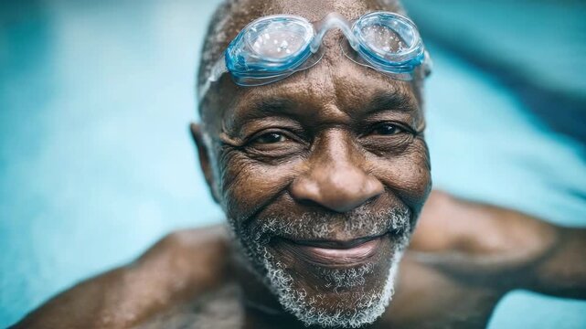 Smiling elderly African American man with swimming goggles swimming in the pool. The concept of active longevity and a healthy lifestyle