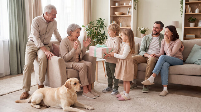Grandchildren giving their grandmother a gift as three generations of the family gather in the living room with their dog. Multigenerational family, grandparents, parents and children concept