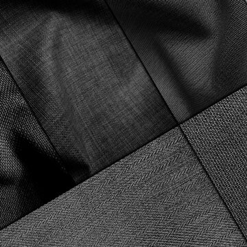 Black and dark gray fabric texture collage set featuring textile weave, canvas, denim, and polyester cloth patterns for fashion material swatch and background design.