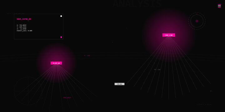 Digital network analysis interface with glowing magenta data nodes on transparent background
