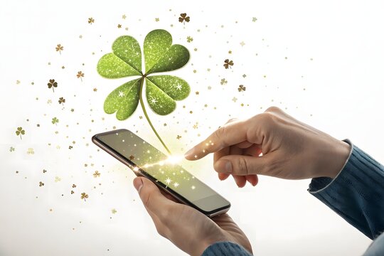 Woman using smartphone to reveal lucky clover.