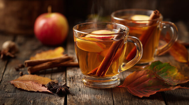 Apple cider served warm with cinnamon sticks, cloves and autumn leaves on rustic wooden table, Halloween atmosphere, no humans