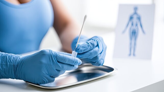 Person in blue gloves preparing a nasal swab for testing on a tray