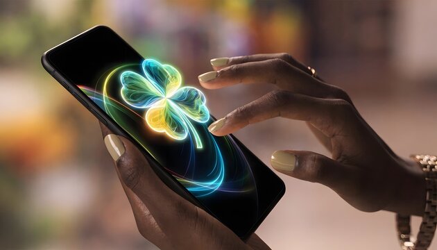 African woman hand touching phone with clover.