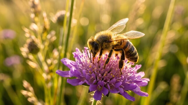 Honey bee collecting nectar from a purple flower in a sunny meadow.