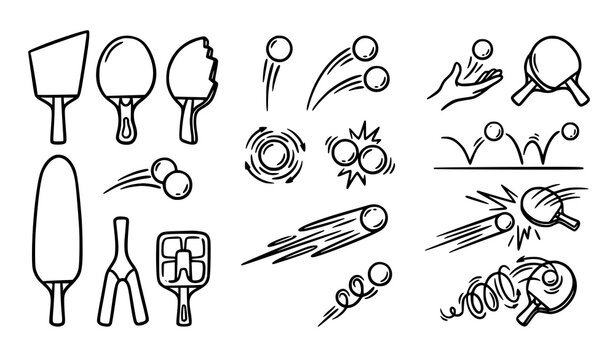 Hand Drawn Table Tennis Racket and Ping Pong Ball Doodle Vector Icons