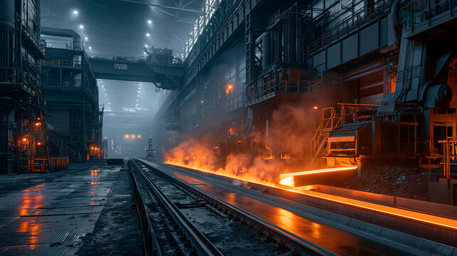Industrial steel mill manufacturing facility with glowing hot molten metal flowing along track.