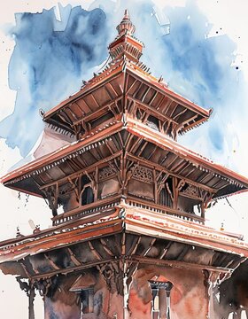 Watercolor Painting of Traditional Nepalese Pagoda Temple