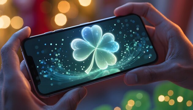 Hands holding phone with glowing clover display.