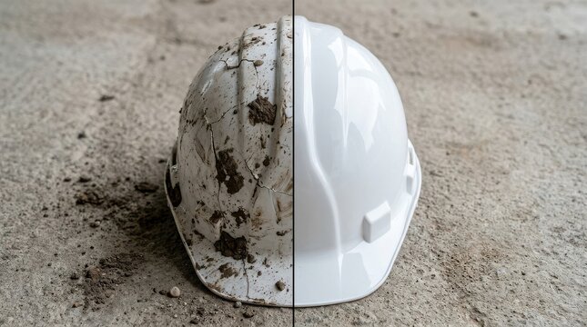 Before and After: Damaged and Clean Hard Hat Comparison