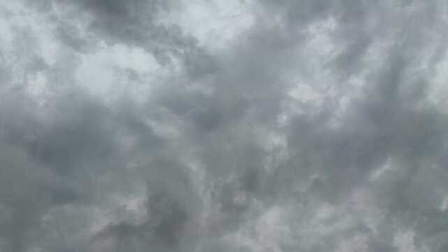 Dark sky moody background scene. Horizontal video of dark gray storm clouds before rain. POV video, camera moving across the sky with a bird briefly flying through the frame