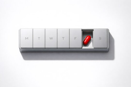 Minimalist pill organizer presenting seven compartments labeled with weekdays, one compartment open revealing a shiny red capsule, symbolizing consistent health management and adherence