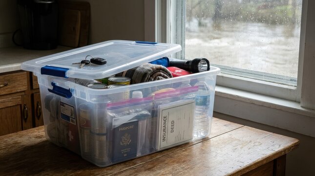 Clear Plastic Bin with Emergency Supplies on Wooden Table