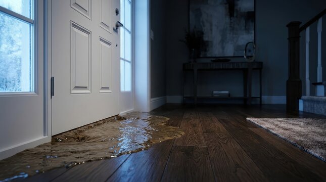 Floodwater Seeping Under Home Door Causing Interior Water Damage