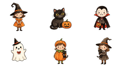 Obraz premium Cute halloween kids in costumes flat character set