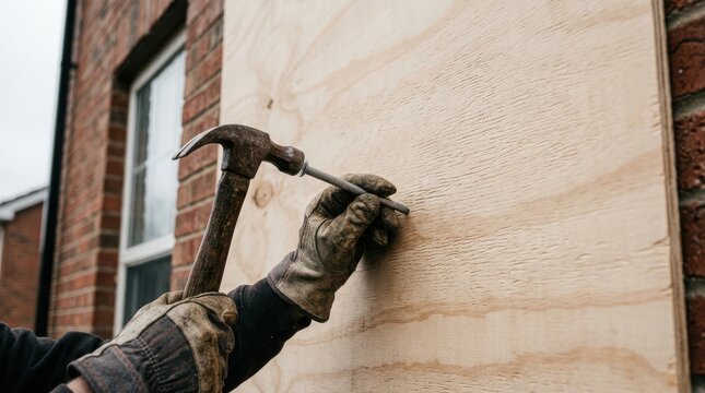 Gloved Hands Using Hammer to Drive Nail into Plywood for Storm Protection