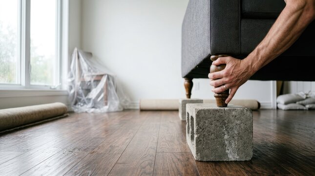 Man's Hands Elevating a Sofa with Cinder Blocks for Flood Protection