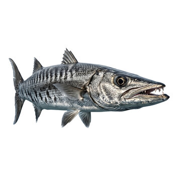 Barracuda fish swimming with sharp teeth isolated on white background, barracuda