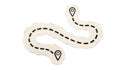 Fototapeta premium Dashed line travel route map on torn paper strip with location pins serves as navigation concept for journey planning and tourism themes.