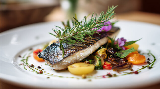 Authentic alpine char fish served with fresh herbs and vegetables, elegant Austrian National Day dining concept, no humans