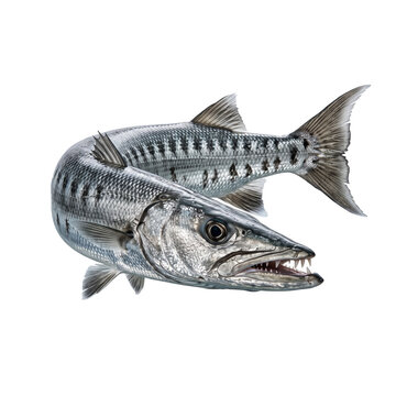 Great barracuda fish curved body showing sharp teeth isolated white background