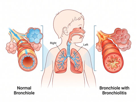 Scientific medical infographic illustration contrasting a normal bronchiole with bronchiolitis in a child's respiratory system.