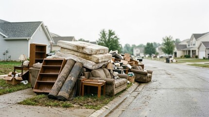 Fototapeta premium Ruined Household Furniture Stacked on Curb After Flood Disaster Cleanup