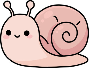 Cute kawaii pink snail character with smiling face, vector illustration