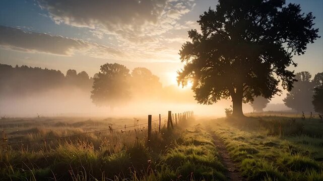 Golden sunrise over a foggy meadow with a fence and a path leading to the bright light