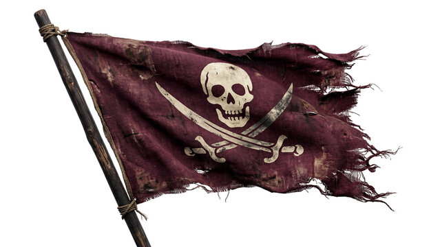 torn burgundy pirate flag isolated PNG, ragged skull banner on transparent background