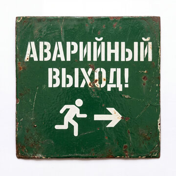 Vintage Emergency Exit Metal Sign isolated on White Background - Cyrillic Running Man Plate

Descripci&oacute;n: Old rusty green metallic emergency exit warning sign featuring a white running man icon and Cy