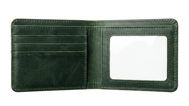 green leather wallet with clear window isolated PNG, open card holder on transparent background