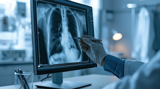 Doctor examining lung X-ray on monitor in a modern clinic