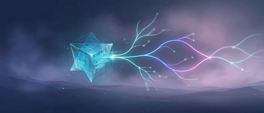 Abstract representation of open source technology with data streams and digital connections in a futuristic landscape