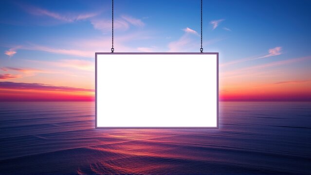 Blank white rectangle suspended over ocean sunset. Dramatic sky colors reflect on water surface. Peaceful, serene scene.