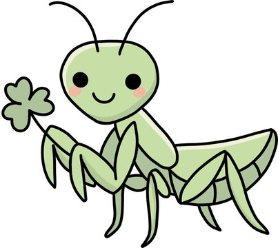 Cute praying mantis character holding a lucky four-leaf clover, vector graphic
