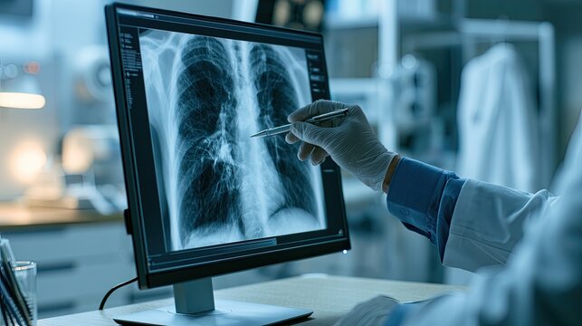 Doctor's gloved hand points to chest x-ray on monitor in modern lab