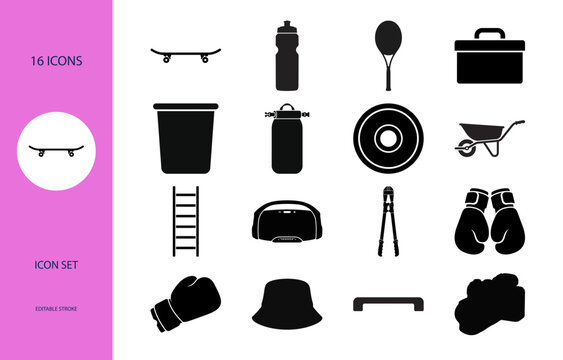 Skateboard water bottle and gardening tools flat icon set against a black background