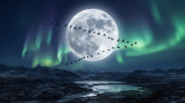 Moonlit Ocean Under a Full Blue Moon with Clouds, Stars, and Lunar Reflection on the Dark Sea Horizon