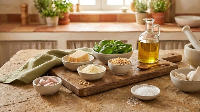 Fresh basil leaves pine nuts and olive oil in bowls on a wooden cutting board in a warm home kitchen