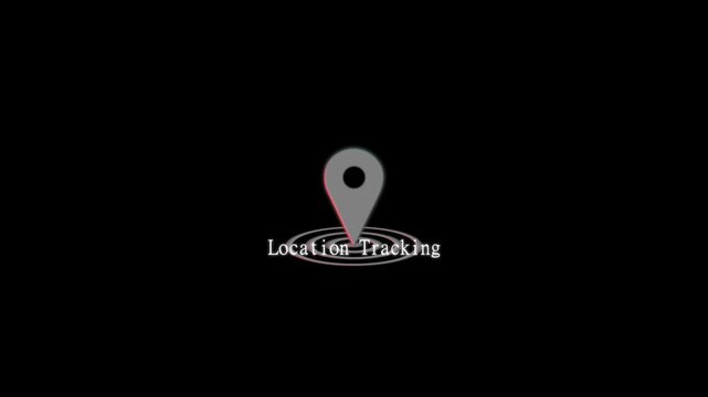 A glowing red location pointer pin icon with radio wave signal rings symbolizing real-time location tracking, wireless positioning, and digital map technology on black background.