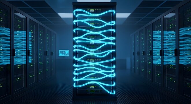 Futuristic server room with glowing blue data flow and digital network visualization